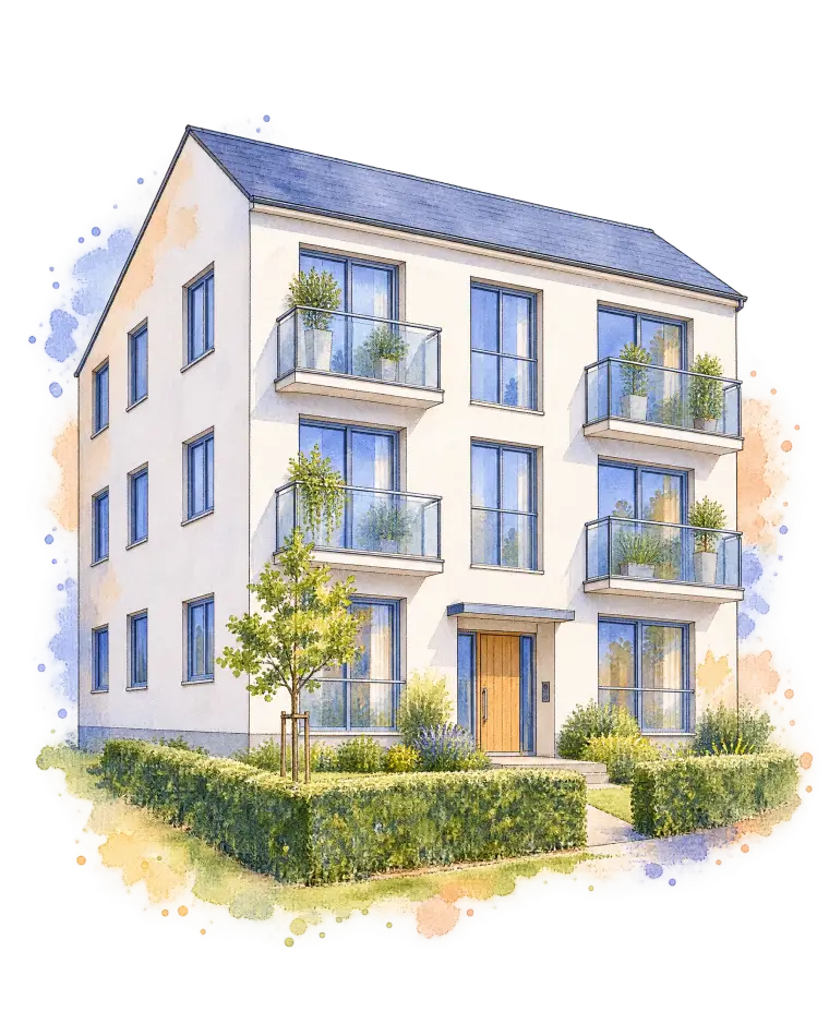 Aquarelle d’une petite copropriété de trois étages avec son jardin