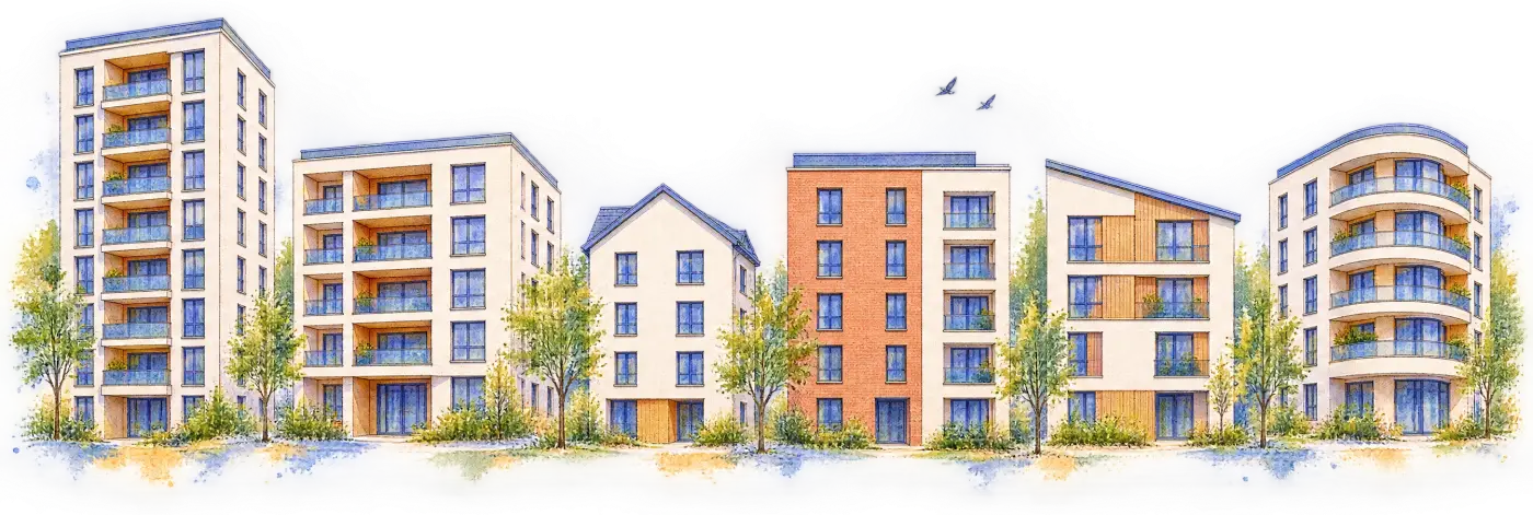 Aquarelle d’une rue de six immeubles résidentiels, un portefeuille de copropriétés